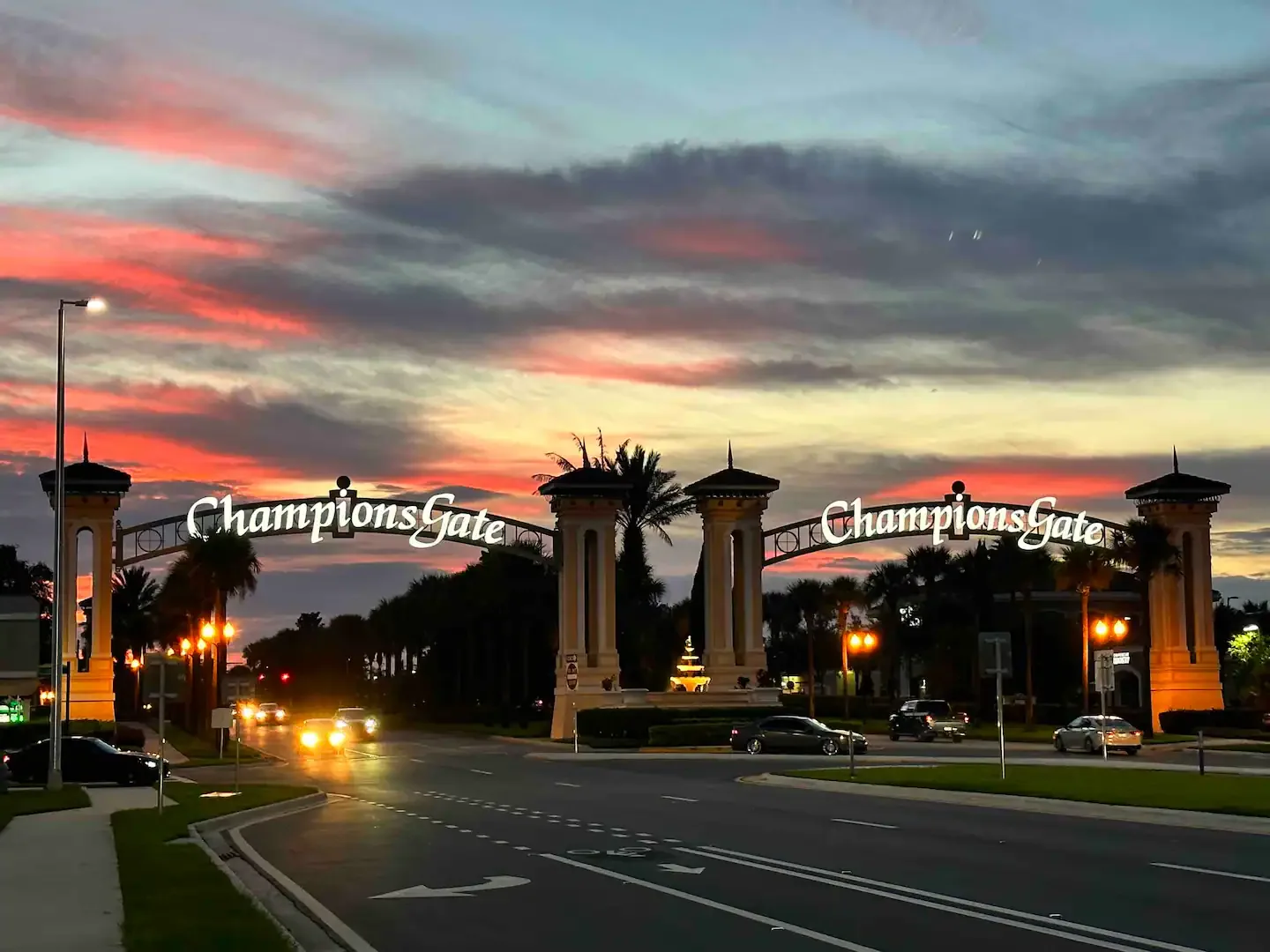Champions Gate entrance at sunset